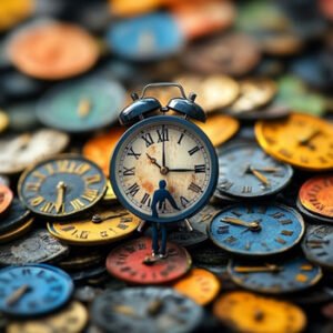 many clocks lying on top of each other with one alarm clock being in the middle