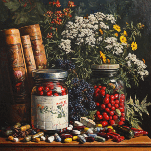 pills, plants and books on table