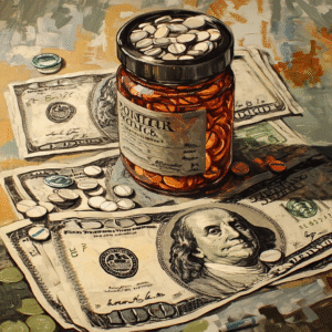 pills in small jar on dollar bills