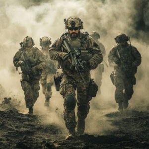 soldiers with weapons running through dusty area