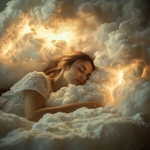 young woman sleeping in enlightened clouds