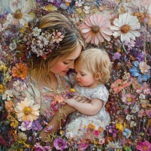 woman and daughter with many flowers around them
