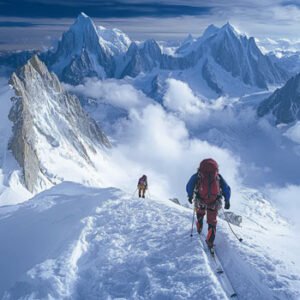 two people hiking on snowy mountains