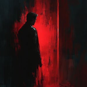 illustration of man in black standing at red lighted wall at night