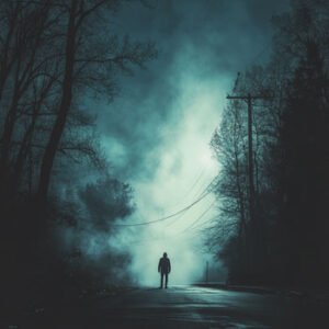 mysterious foggy night with person standing in enlightend area