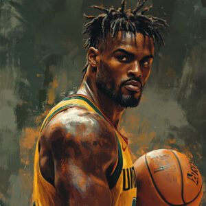 basketball player in yellow jersey holding basketball