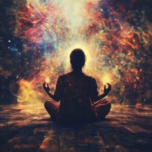 silhouette of woman meditation with mythical colorful background