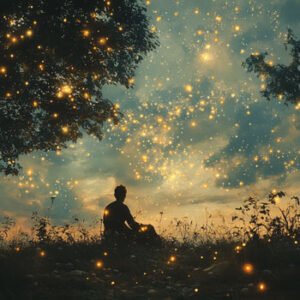 silhouette of young man sitting in nature at dusk with fireflies around him
