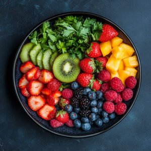 plate with kiwi parsley, strawberries, mango, raspberries, blueberries, blackberries