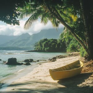 canoe on beach next to sea and forest