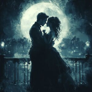 young couple of man and woman in love in front of bright moon