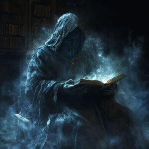 paranormal dark entity reading mystical glowing book