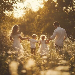 family of father, mother son and daughter walking happily through nature