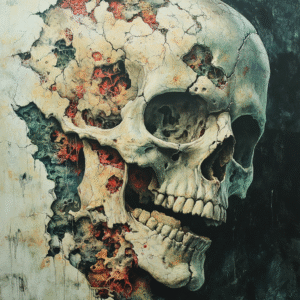 illustration of human skull coming out of wall