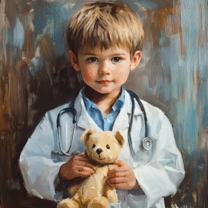 boy dressed up as doctor holding teddy bear