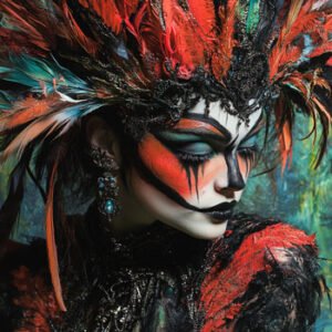 colorful female performing artist in make up with feathers