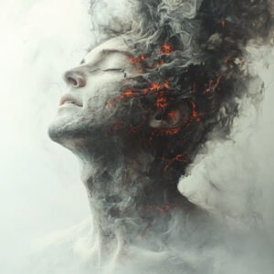 close-up of man in comfort while the back of his head is burning suggesting spiritual transformational change