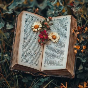 open poetry book in nature