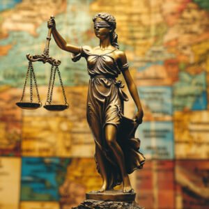 lady justice made of metal in front of map