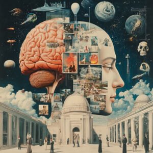 illustration of human, his brain and pictures