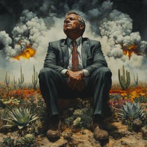 politician sitting in desert with burning background