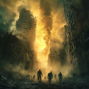 post apocalyptic world with zombies walking in abandoned city