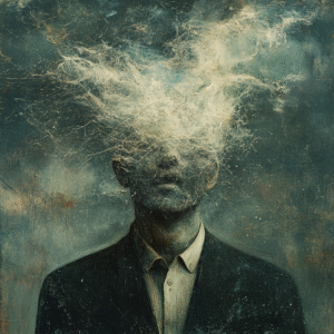 illustration of manwith weird white mesh of sunstance in front of his face
