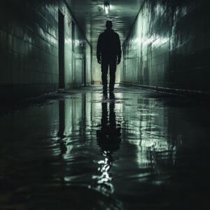 scene from psychologic thriller with men walking through building with wet floor at night