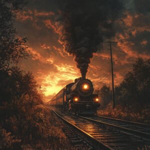 classic train driving on tracks through nature at sunset