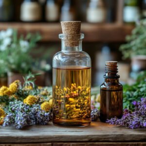 herbs and oild on table
