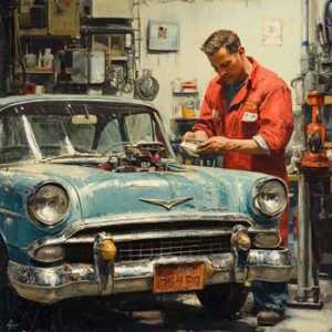 mechanic in orange suit working on classic blue car