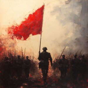 solder amongst soldiers holding a flag made of red smoke