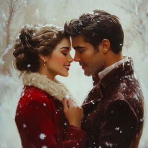 young couple of man and woman in love in snow