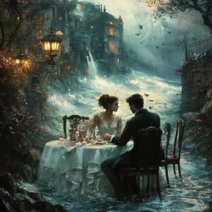 illustration of young couple of man and woman having dinner outside with water on the floor