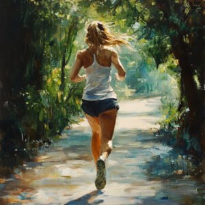 female jogging on path through woods
