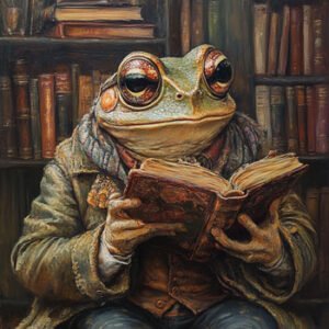 image of frog reading book in front of book shelves
