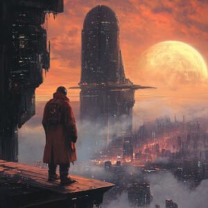 science fiction scene with man standing on vantage point watching burning city