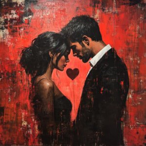 young couple of man and woman in love with red background
