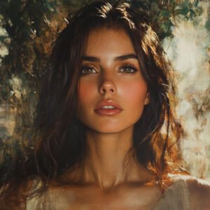 beautiful young brunette woman looking right into the camera