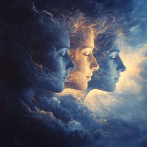 close-up side view of triple image of woman with closed eyes in clouds with sunlight shining through
