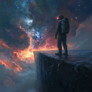 science fiction scene with astronaut standing at the edge ofcliff and mystical light and clouds background