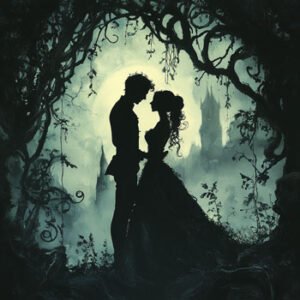 silhouettes of young couple of man and woman in love with red background