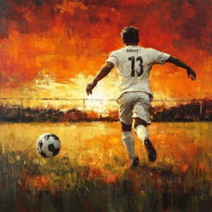 male soccer player running towards ball on greass during sunset