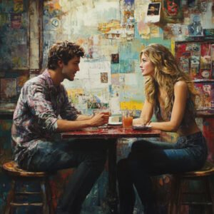 man and woman dating in cafe