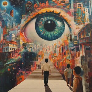 Illustration of boy walking towards stairs with huge eye obove them