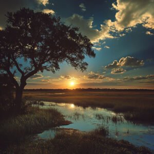 tree and swamp at beautiful sunset