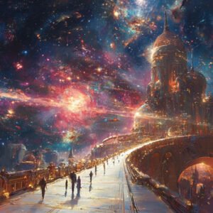 glowing space scene with people walking on long path