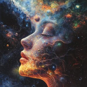 illustrative imageof woman blending with space