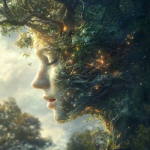illustration of spiritual woman melted with nature