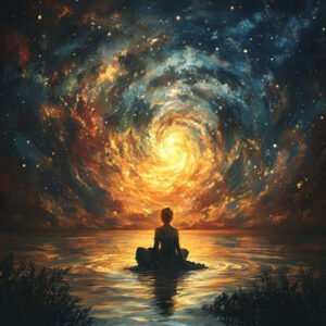 Spiritual woman meditating in water, gazing at a swirling cosmic light vortex in the sky – symbolizing awakening or divine connection
